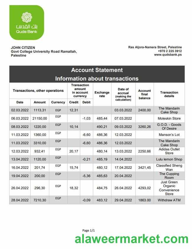 Palestine Quds bank statement